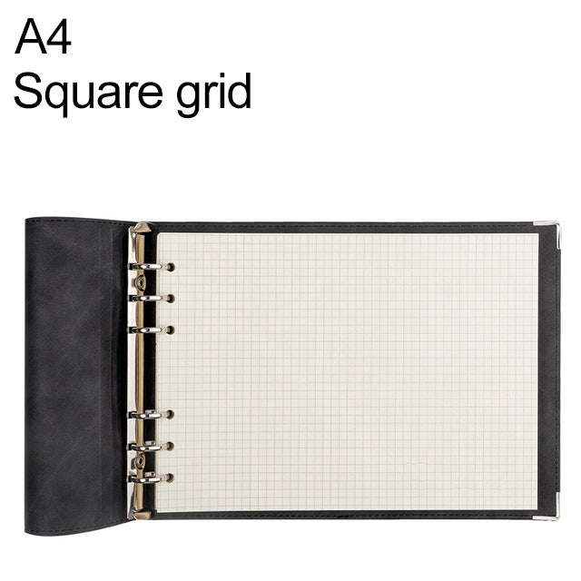 A4 Faux Leather Loose-leaf Grid Notebook, Checkered Core, Blank Inner Core, Cornell Horizontal Wi...