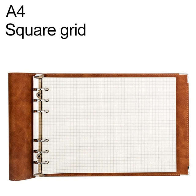 A4 Faux Leather Loose-leaf Grid Notebook, Checkered Core, Blank Inner Core, Cornell Horizontal Wi...