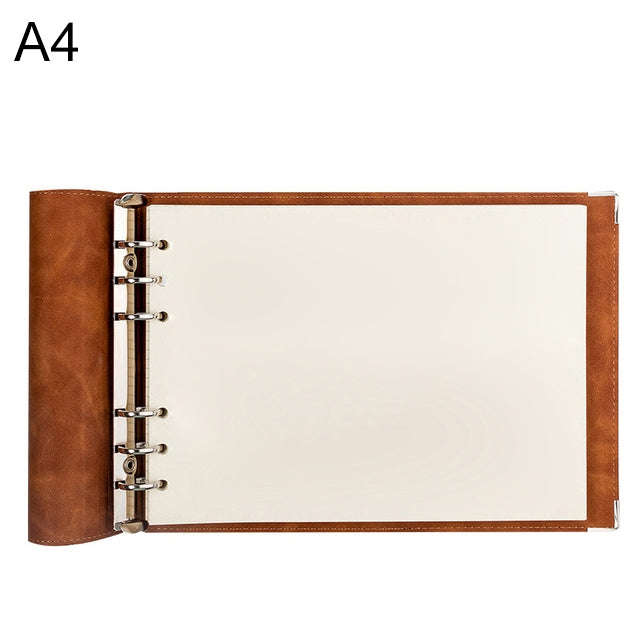 A4 Faux Leather Loose-leaf Grid Notebook, Checkered Core, Blank Inner Core, Cornell Horizontal Wi...