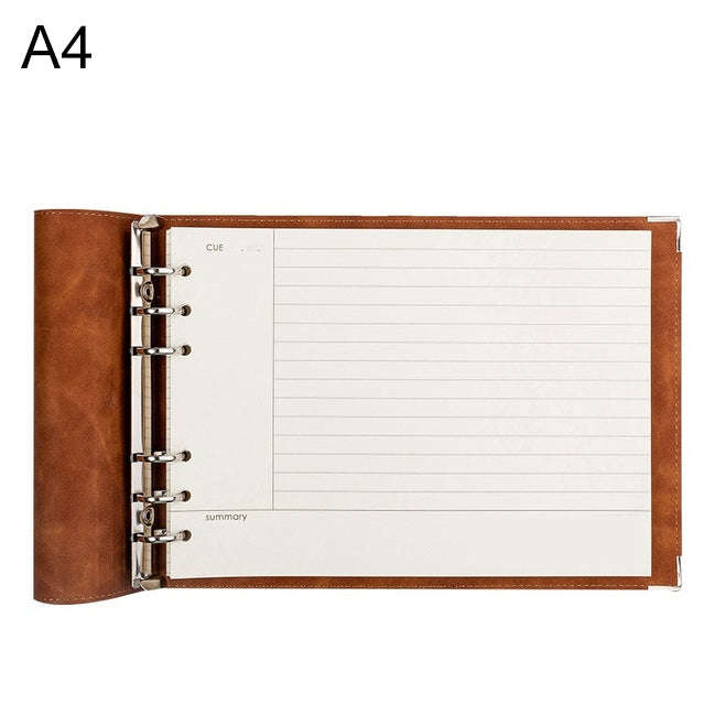 A4 Faux Leather Loose-leaf Grid Notebook, Checkered Core, Blank Inner Core, Cornell Horizontal Wi...