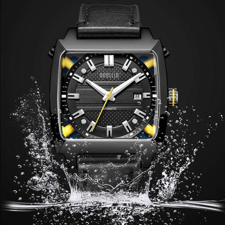 BAOGELA 6763G Square Dial Leather Strap Clock Calendar Mechanical Watch For Men