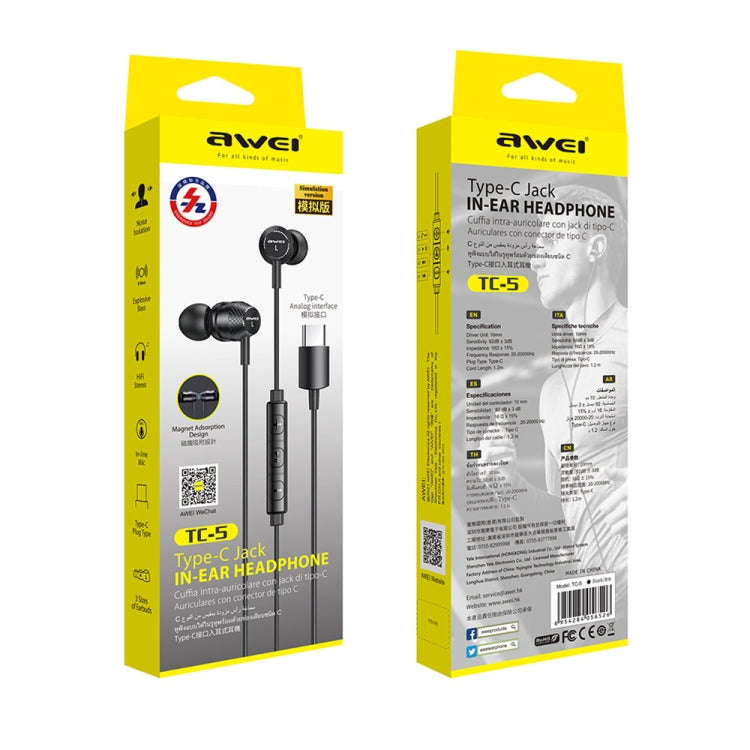 awei TC-5 Type-C / USB-C Mini Stereo In-ear Wired Earphone, TC-5