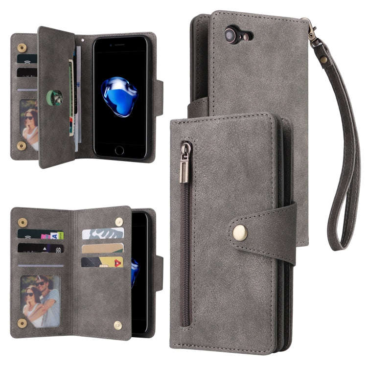Rivet Buckle 9 Cards Three Fold Leather Phone Case, For iPhone 7/8/SE 2020, For iPhone 7 Plus/8 P...
