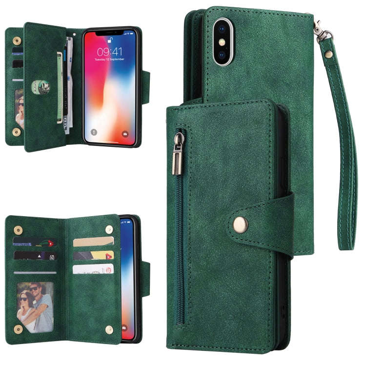 Rivet Buckle 9 Cards Three Fold Leather Phone Case, For iPhone 7/8/SE 2020, For iPhone 7 Plus/8 P...