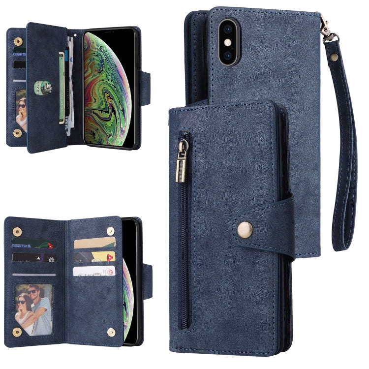 Rivet Buckle 9 Cards Three Fold Leather Phone Case, For iPhone XR, For iPhone XS Max, For iPhone ...