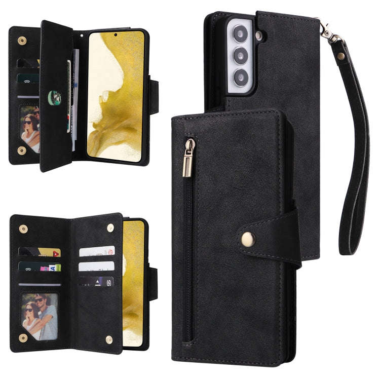 Rivet Buckle 9 Cards Three Fold Leather Phone Case, For Samsung Galaxy S22+, For Samsung Galaxy S...