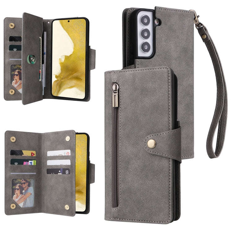 Rivet Buckle 9 Cards Three Fold Leather Phone Case, For Samsung Galaxy S22+, For Samsung Galaxy S...