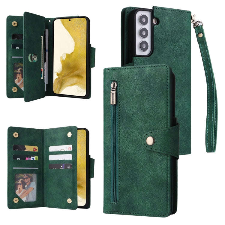 Rivet Buckle 9 Cards Three Fold Leather Phone Case, For Samsung Galaxy S22+, For Samsung Galaxy S...