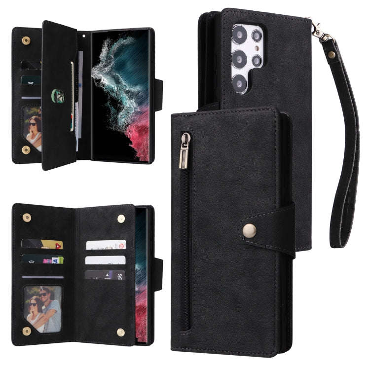 Rivet Buckle 9 Cards Three Fold Leather Phone Case, For Samsung Galaxy S22+, For Samsung Galaxy S...