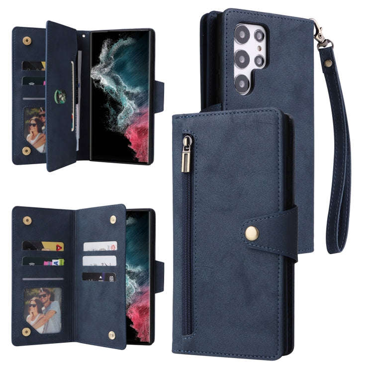 Rivet Buckle 9 Cards Three Fold Leather Phone Case, For Samsung Galaxy S22+, For Samsung Galaxy S...