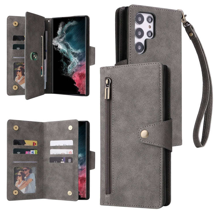 Rivet Buckle 9 Cards Three Fold Leather Phone Case, For Samsung Galaxy S22+, For Samsung Galaxy S...