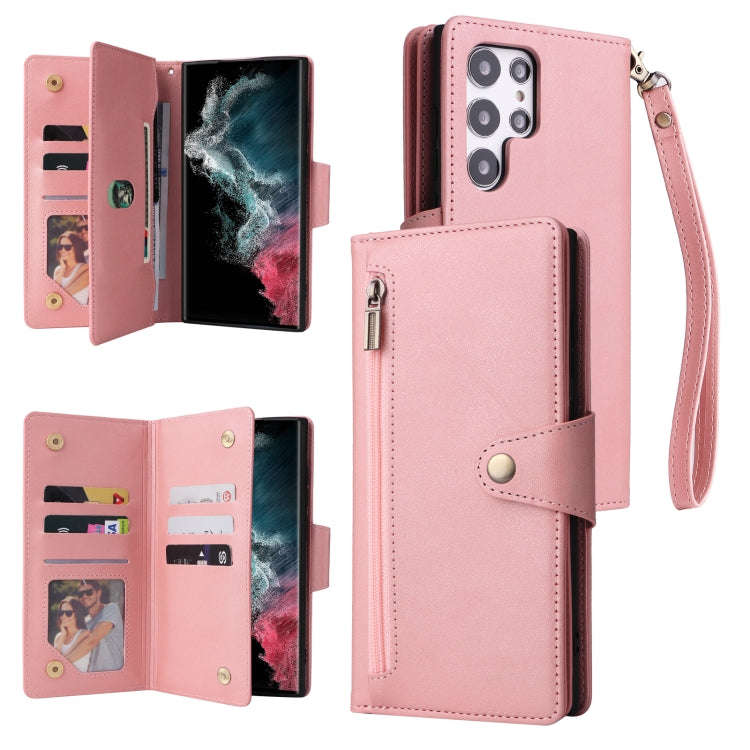 Rivet Buckle 9 Cards Three Fold Leather Phone Case, For Samsung Galaxy S22+, For Samsung Galaxy S...