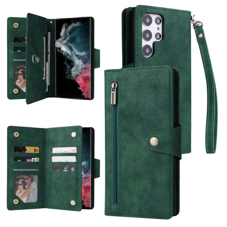 Rivet Buckle 9 Cards Three Fold Leather Phone Case, For Samsung Galaxy S22+, For Samsung Galaxy S...