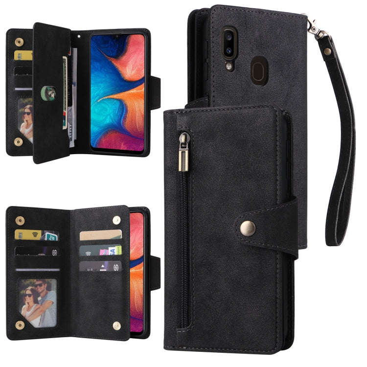 Rivet Buckle 9 Cards Three Fold Leather Phone Case, For Samsung Galaxy A20, For Samsung Galaxy A2...