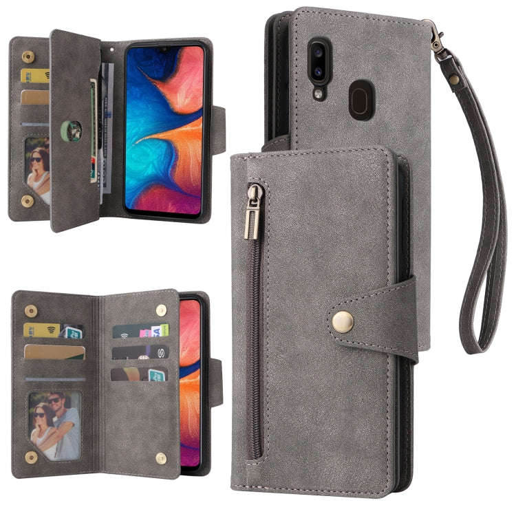Rivet Buckle 9 Cards Three Fold Leather Phone Case, For Samsung Galaxy A20, For Samsung Galaxy A2...