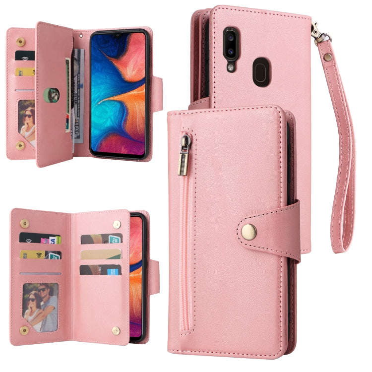 Rivet Buckle 9 Cards Three Fold Leather Phone Case, For Samsung Galaxy A20, For Samsung Galaxy A2...