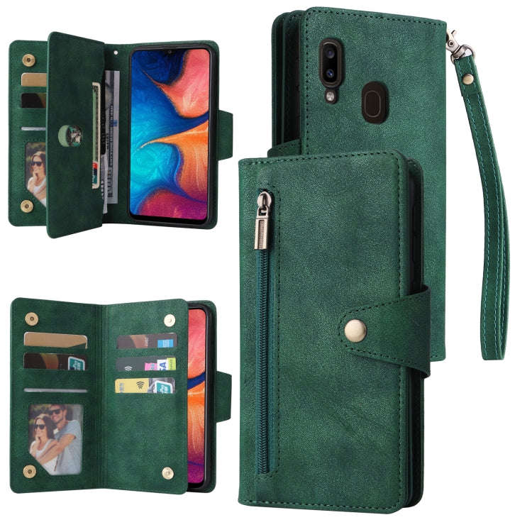 Rivet Buckle 9 Cards Three Fold Leather Phone Case, For Samsung Galaxy A20, For Samsung Galaxy A2...