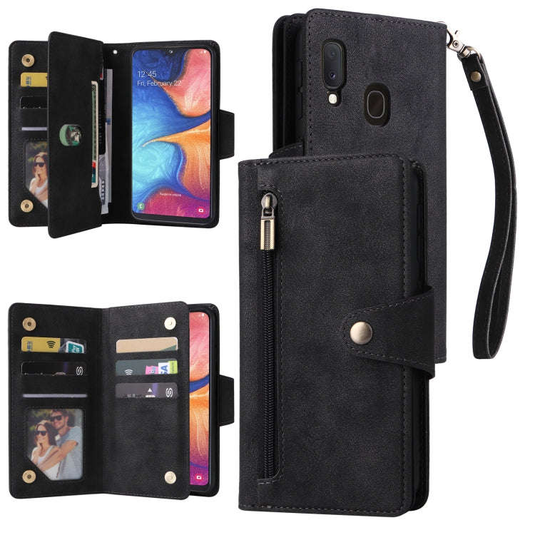 Rivet Buckle 9 Cards Three Fold Leather Phone Case, For Samsung Galaxy A20, For Samsung Galaxy A2...