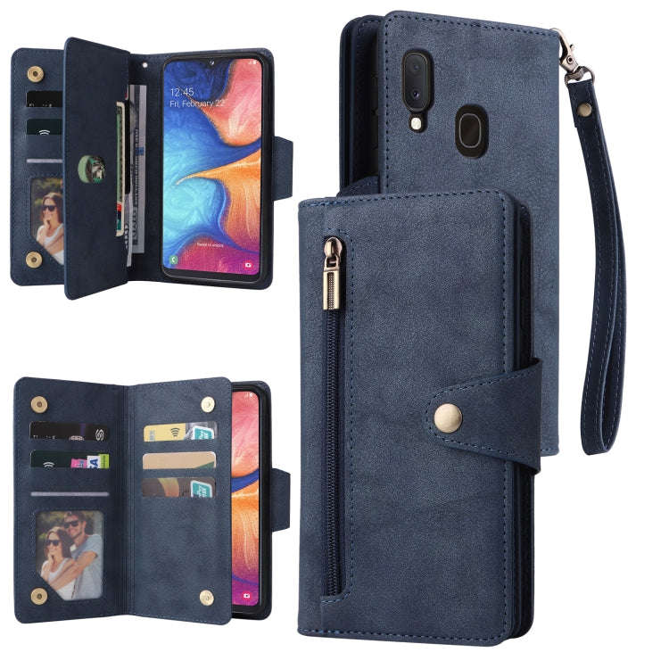 Rivet Buckle 9 Cards Three Fold Leather Phone Case, For Samsung Galaxy A20, For Samsung Galaxy A2...