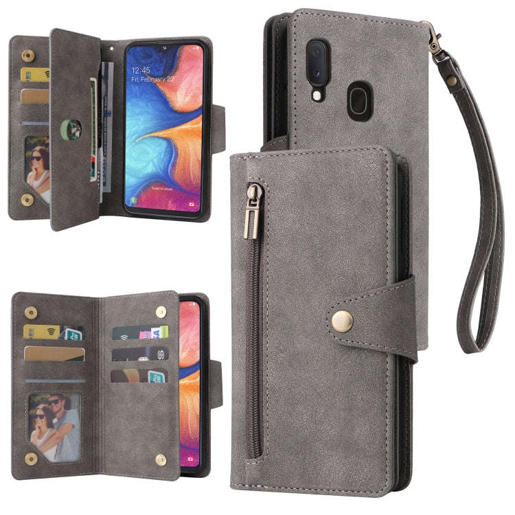 Rivet Buckle 9 Cards Three Fold Leather Phone Case, For Samsung Galaxy A20, For Samsung Galaxy A2...