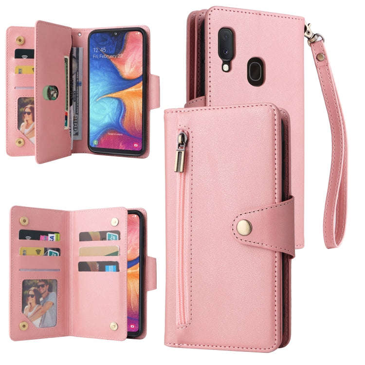 Rivet Buckle 9 Cards Three Fold Leather Phone Case, For Samsung Galaxy A20, For Samsung Galaxy A2...