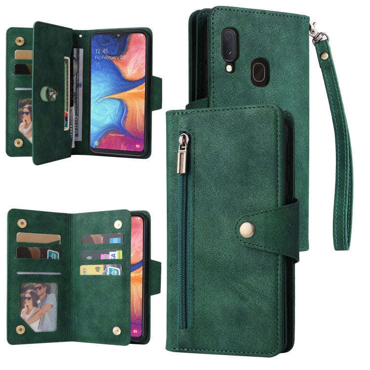 Rivet Buckle 9 Cards Three Fold Leather Phone Case, For Samsung Galaxy A20, For Samsung Galaxy A2...