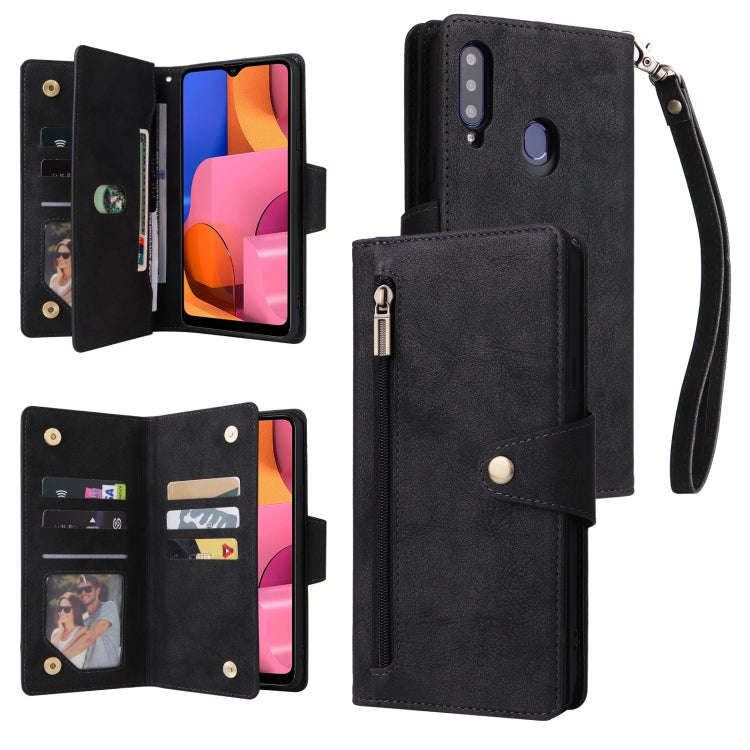 Rivet Buckle 9 Cards Three Fold Leather Phone Case, For Samsung Galaxy A20, For Samsung Galaxy A2...