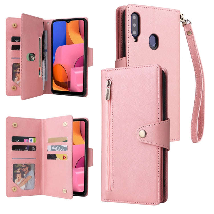 Rivet Buckle 9 Cards Three Fold Leather Phone Case, For Samsung Galaxy A20, For Samsung Galaxy A2...