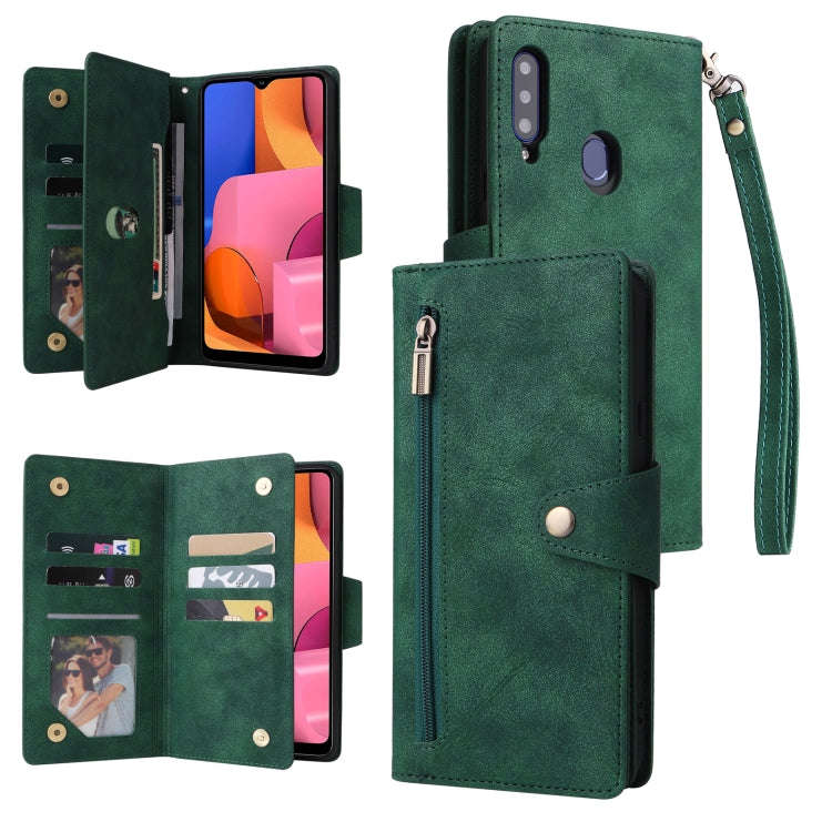 Rivet Buckle 9 Cards Three Fold Leather Phone Case, For Samsung Galaxy A20, For Samsung Galaxy A2...