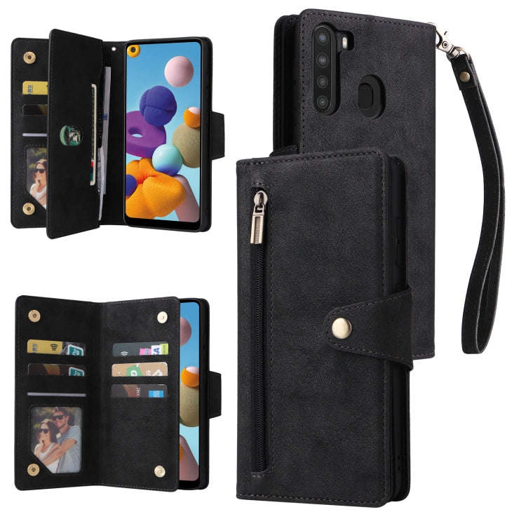 Rivet Buckle 9 Cards Three Fold Leather Phone Case, For Samsung Galaxy A20, For Samsung Galaxy A2...