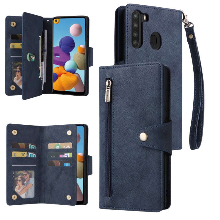 Rivet Buckle 9 Cards Three Fold Leather Phone Case, For Samsung Galaxy A20, For Samsung Galaxy A2...