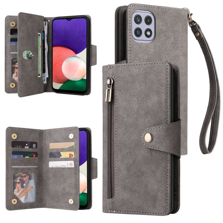 Rivet Buckle 9 Cards Three Fold Leather Phone Case, For Samsung Galaxy A20, For Samsung Galaxy A2...