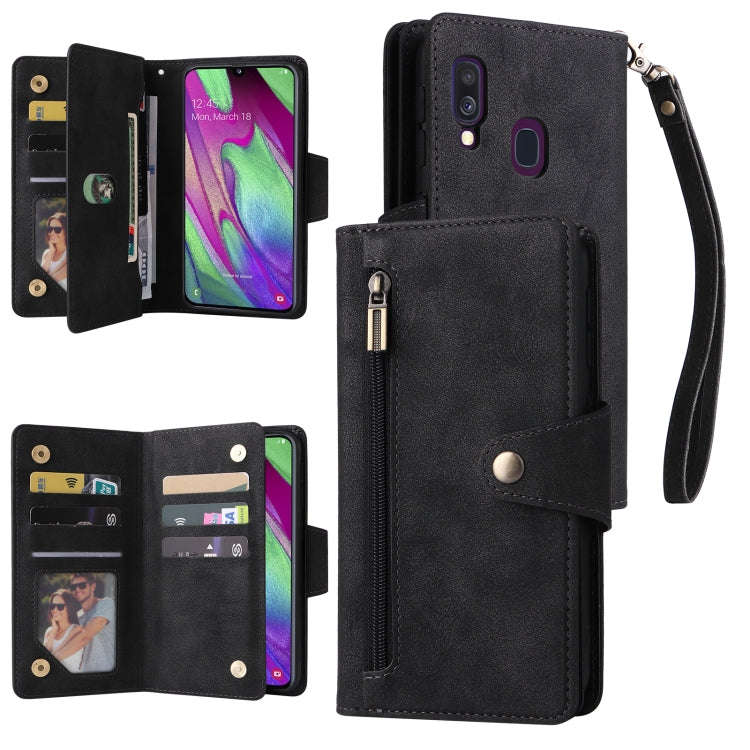 Rivet Buckle 9 Cards Three Fold Leather Phone Case, For Samsung Galaxy A40, For Samsung Galaxy A4...