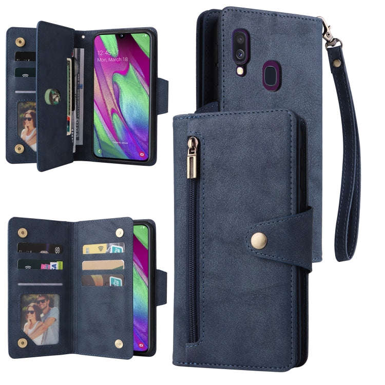 Rivet Buckle 9 Cards Three Fold Leather Phone Case, For Samsung Galaxy A40, For Samsung Galaxy A4...