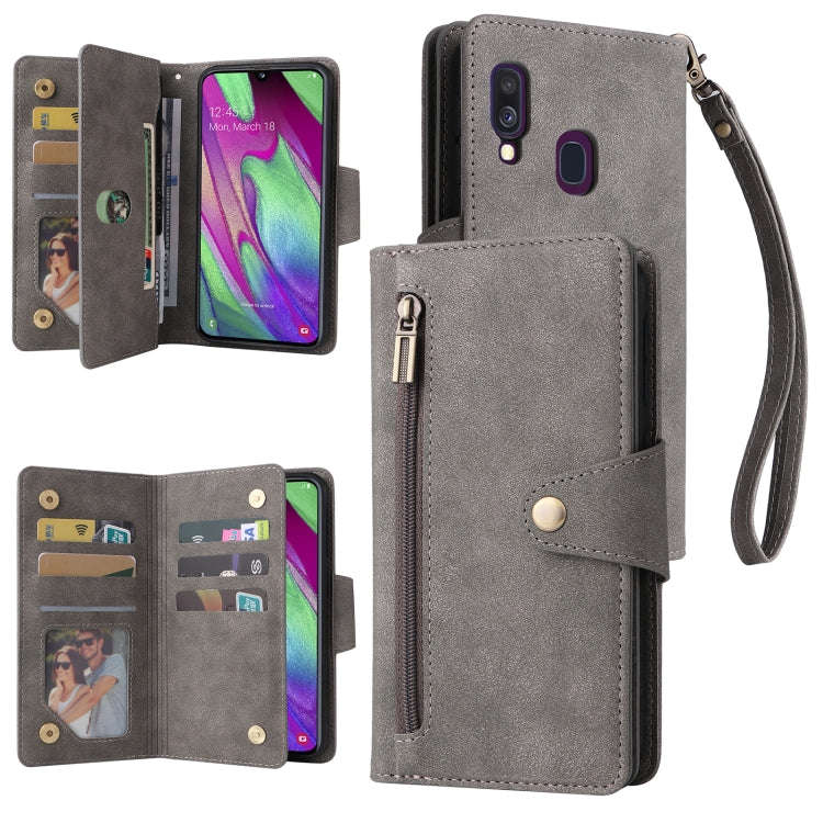 Rivet Buckle 9 Cards Three Fold Leather Phone Case, For Samsung Galaxy A40, For Samsung Galaxy A4...