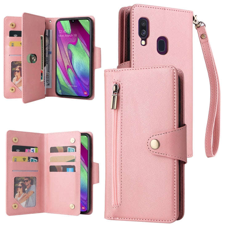 Rivet Buckle 9 Cards Three Fold Leather Phone Case, For Samsung Galaxy A40, For Samsung Galaxy A4...