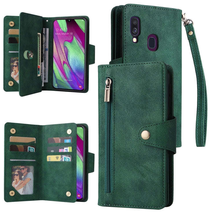 Rivet Buckle 9 Cards Three Fold Leather Phone Case, For Samsung Galaxy A40, For Samsung Galaxy A4...