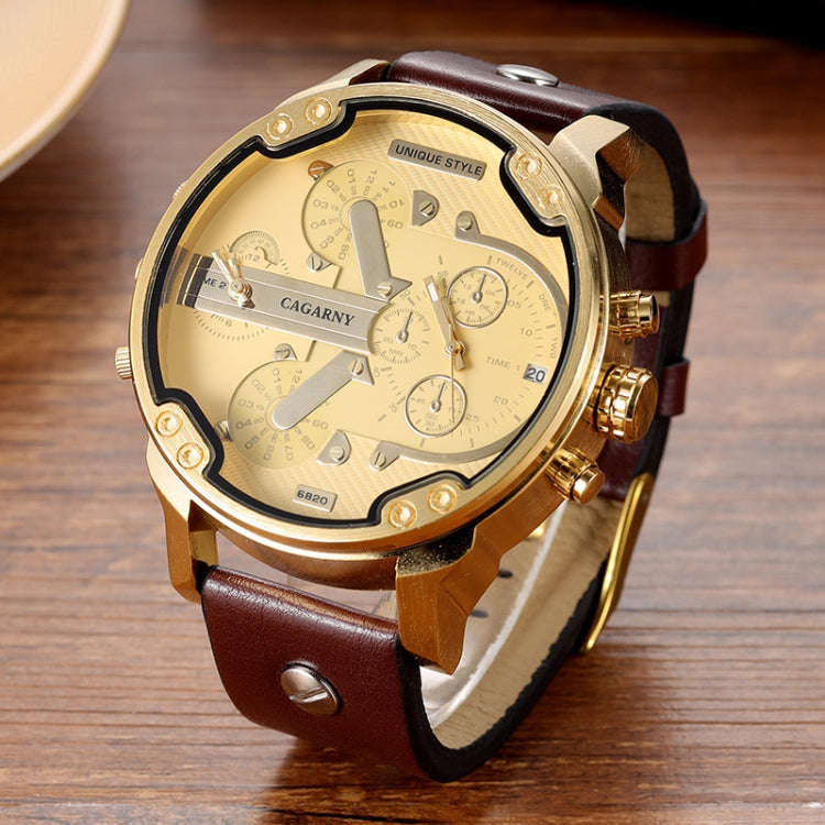 CAGARNY 6820 Round Large Dial Leather Band Quartz Dual Movement Watch For Men