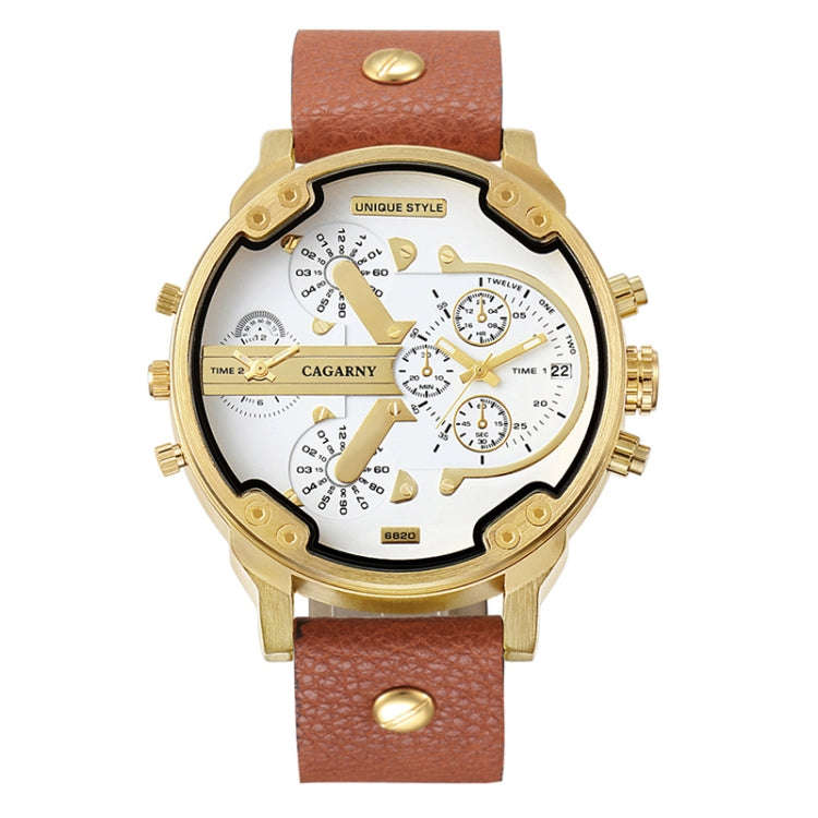 CAGARNY 6820 Round Large Dial Leather Band Quartz Dual Movement Watch For Men