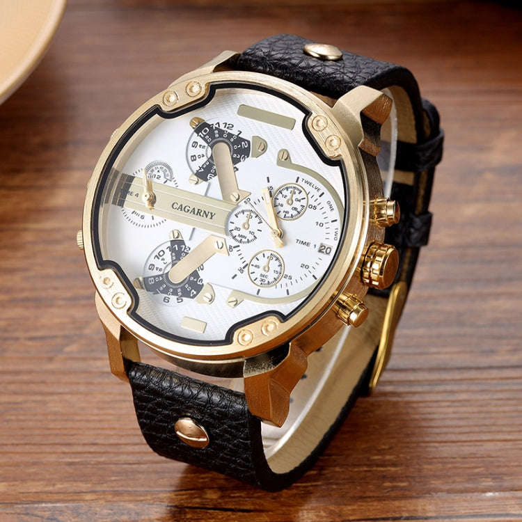CAGARNY 6820 Round Large Dial Leather Band Quartz Dual Movement Watch For Men