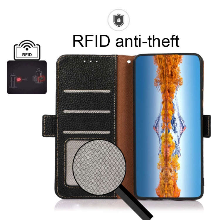 KHAZNEH Side-Magnetic Litchi Genuine Leather RFID Phone Case, For iPhone 14 Plus, For iPhone 14 P...