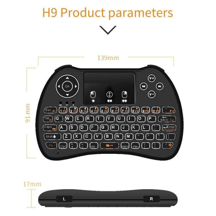 H9 2.4GHz Mini Wireless Air Mouse QWERTY Keyboard with White Backlight & Touchpad for PC, TV, wit...