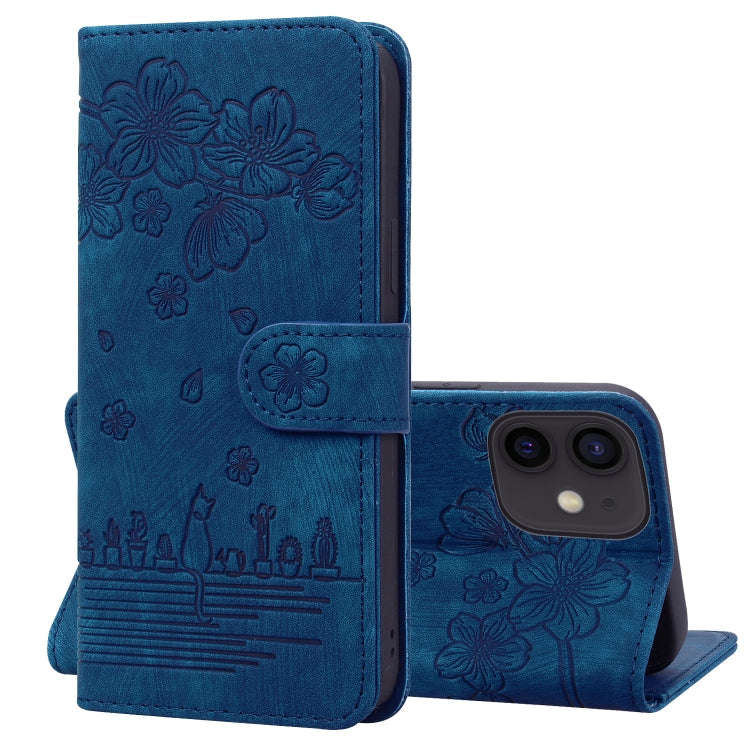 Cartoon Sakura Cat Embossed Leather Case, For iPhone 13 mini, For iPhone 13, For iPhone 13 Pro, F...