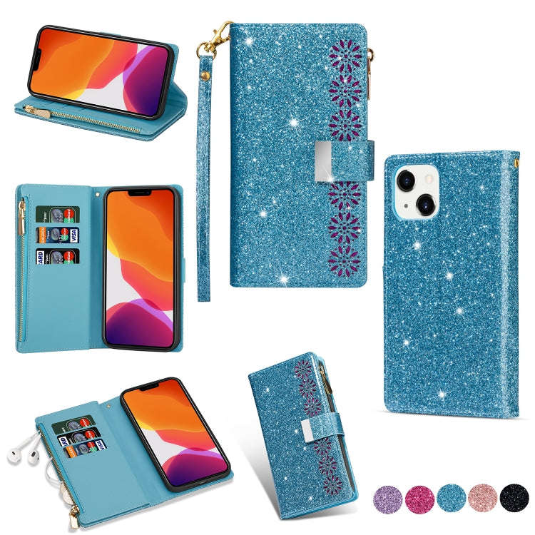 Multi-card Slots Laser Carving Glitter Zipper Leather Case, For iPhone 14, For iPhone 14 Max, For...