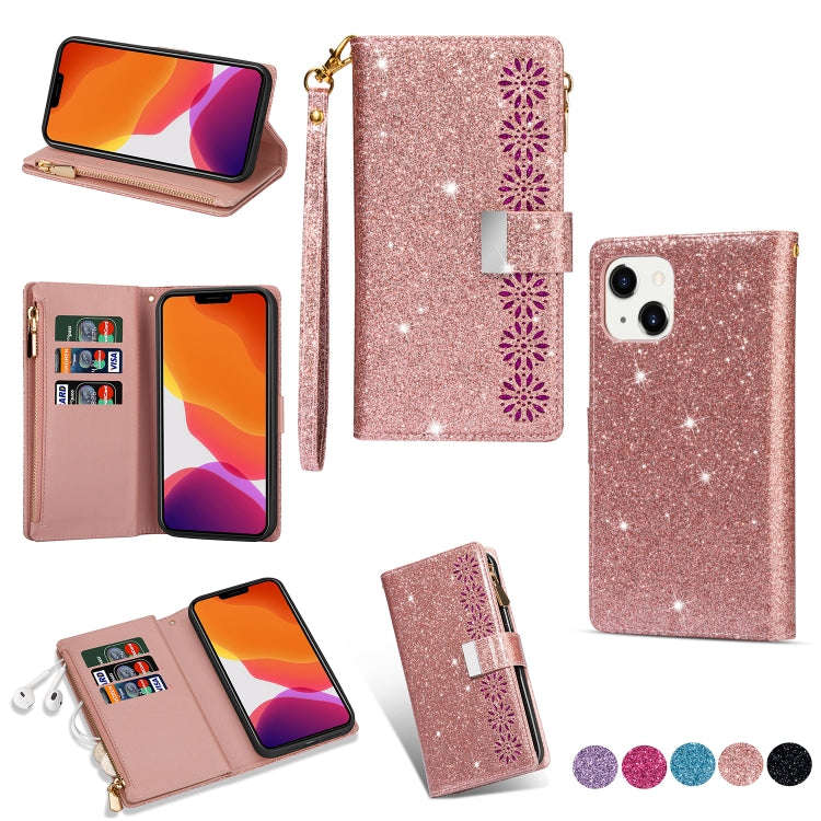 Multi-card Slots Laser Carving Glitter Zipper Leather Case, For iPhone 14, For iPhone 14 Max, For...