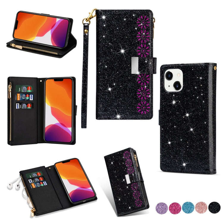 Multi-card Slots Laser Carving Glitter Zipper Leather Case, For iPhone 14, For iPhone 14 Max, For...