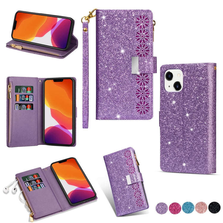 Multi-card Slots Laser Carving Glitter Zipper Leather Case, For iPhone 14, For iPhone 14 Max, For...