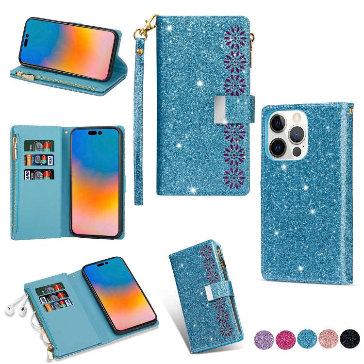 Multi-card Slots Laser Carving Glitter Zipper Leather Case, For iPhone 14, For iPhone 14 Max, For...