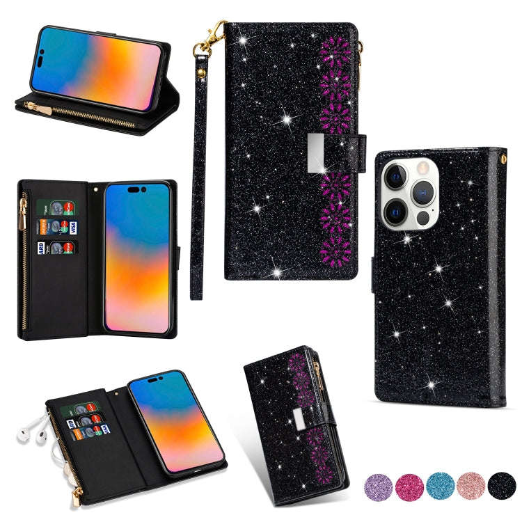 Multi-card Slots Laser Carving Glitter Zipper Leather Case, For iPhone 14, For iPhone 14 Max, For...