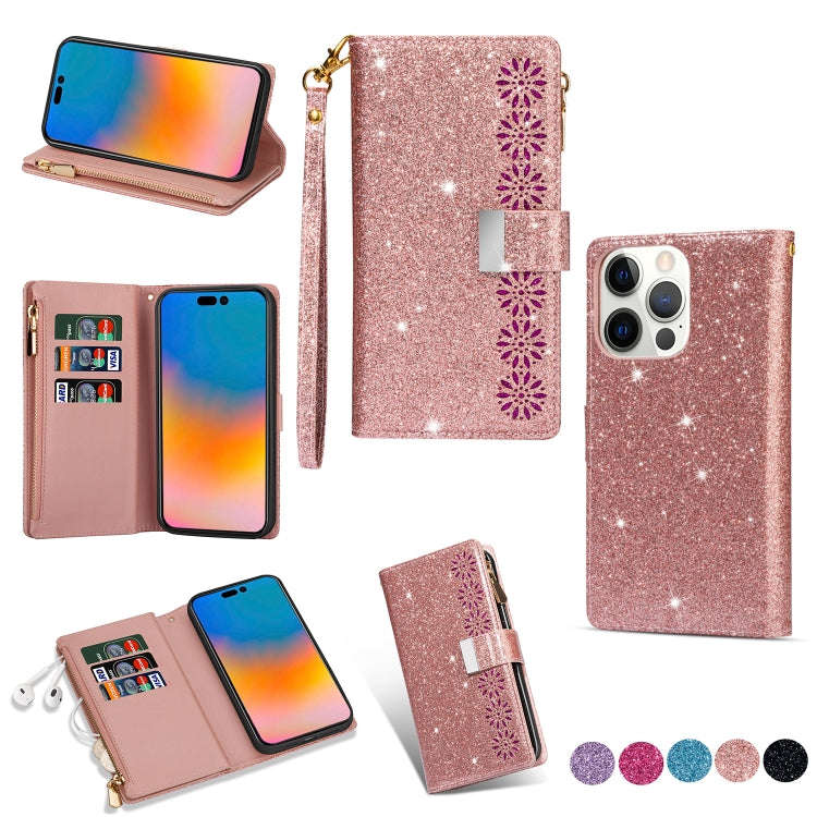 Multi-card Slots Laser Carving Glitter Zipper Leather Case, For iPhone 14, For iPhone 14 Max, For...